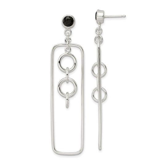 Sterling Silver Black Cz Rectangle And Chain Dangle Post Earrings