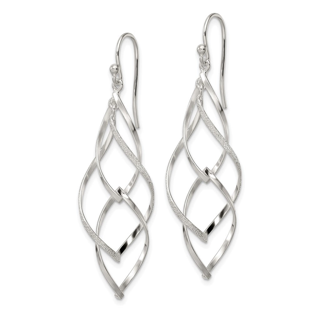 Sterling Silver Polished & Lasered Texture Twisted Dangle Hook Earrings