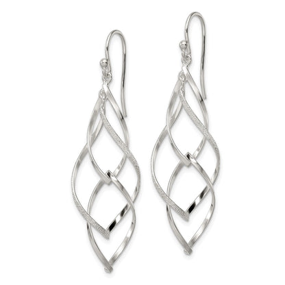 Sterling Silver Polished & Lasered Texture Twisted Dangle Hook Earrings