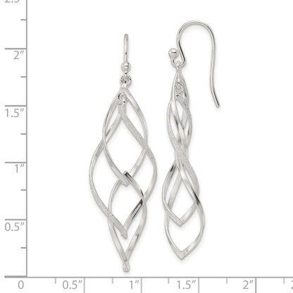 Sterling Silver Polished & Lasered Texture Twisted Dangle Hook Earrings