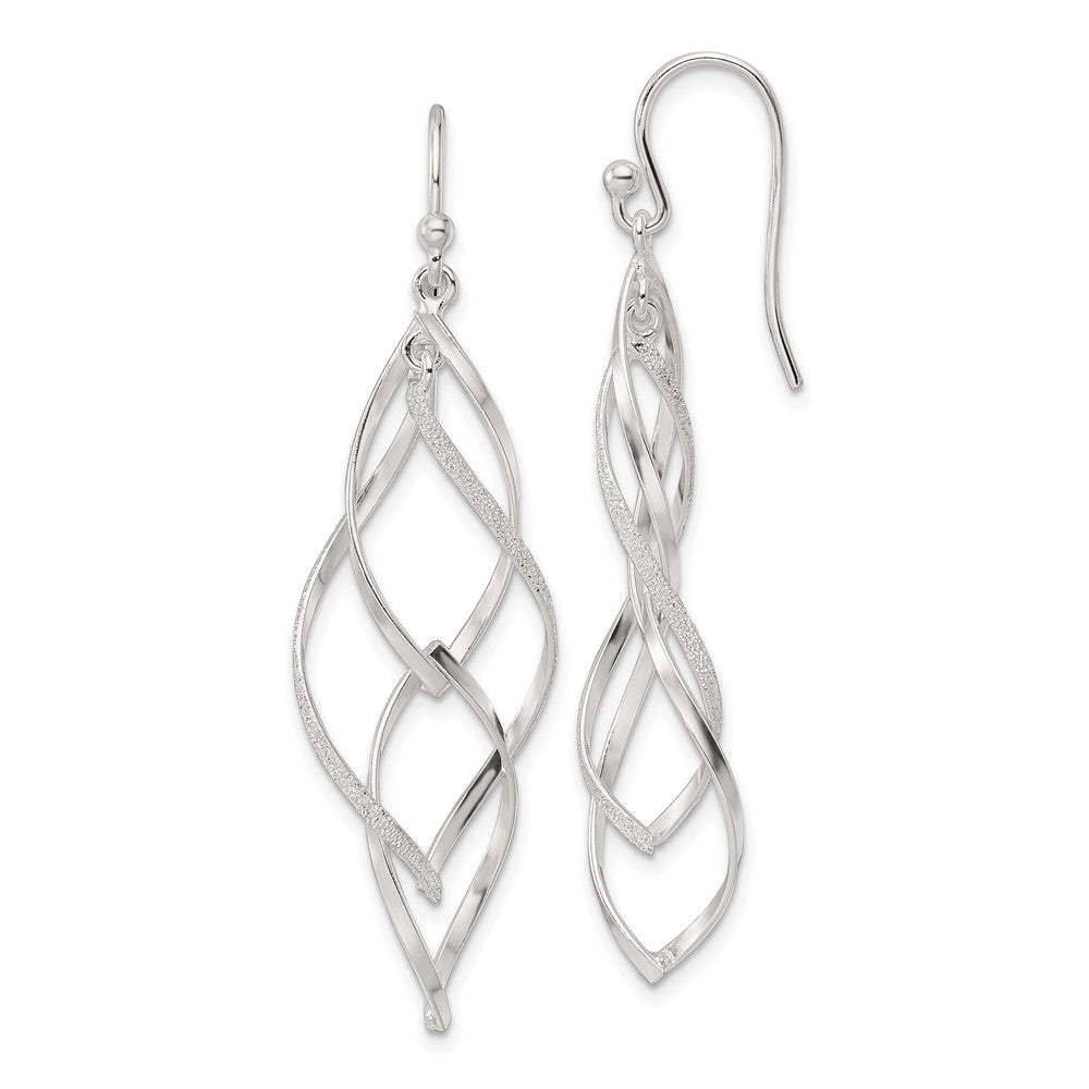 Sterling Silver Polished & Lasered Texture Twisted Dangle Hook Earrings