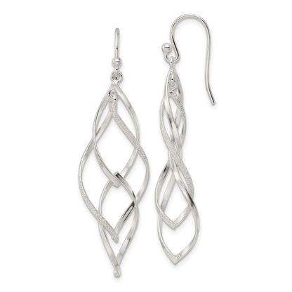 Sterling Silver Polished & Lasered Texture Twisted Dangle Hook Earrings