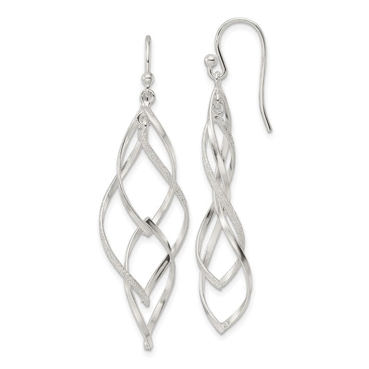 Sterling Silver Polished & Lasered Texture Twisted Dangle Hook Earrings