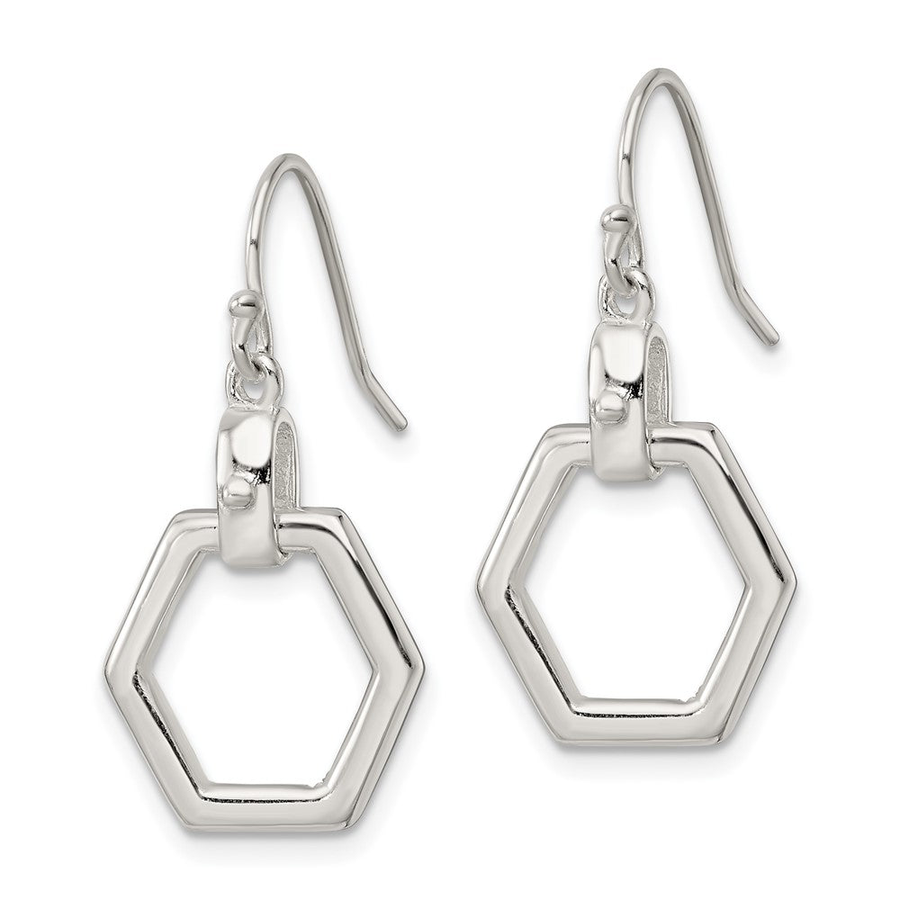Sterling Silver Polished Hexagon Dangle Shepherd Hook Earrings