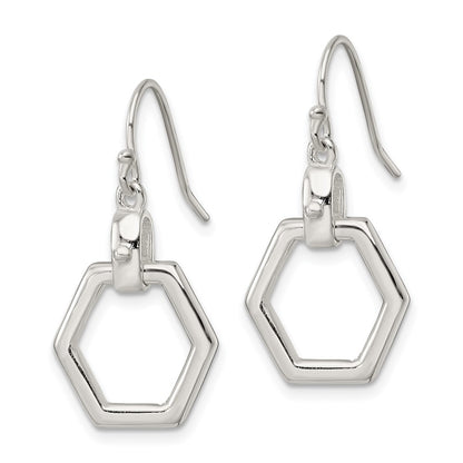 Sterling Silver Polished Hexagon Dangle Shepherd Hook Earrings