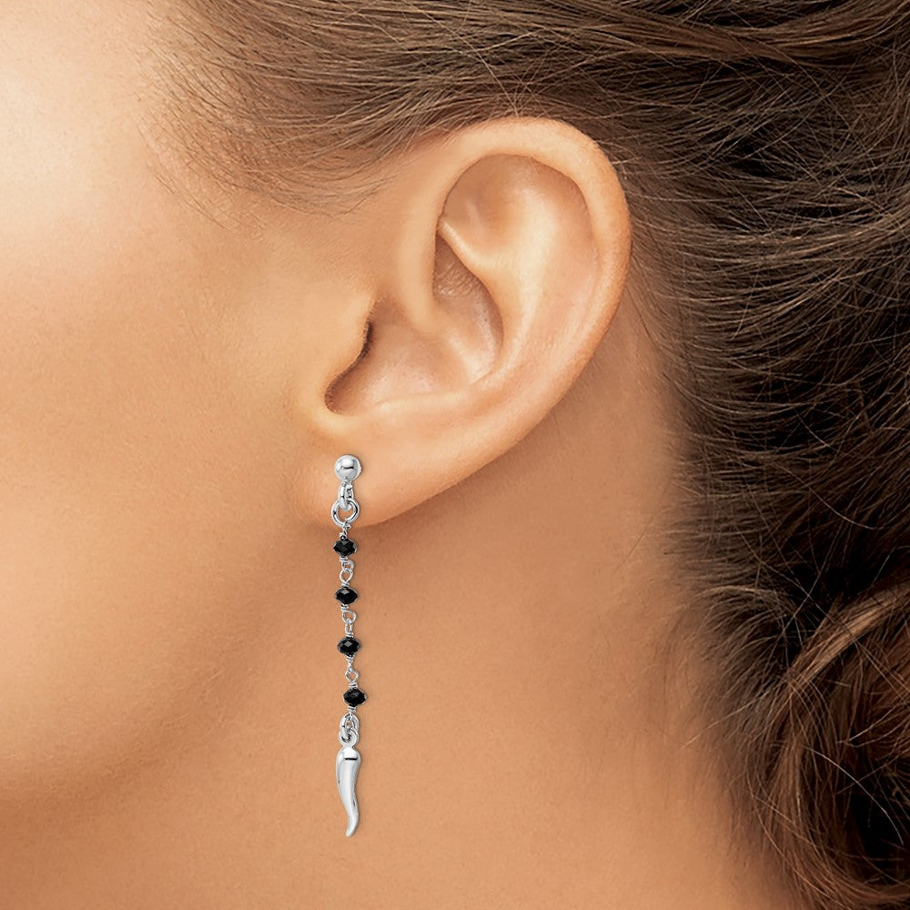 Sterling Silver Rhodium-Plated Black Glass Beads Italian Horn Dangle Earrin