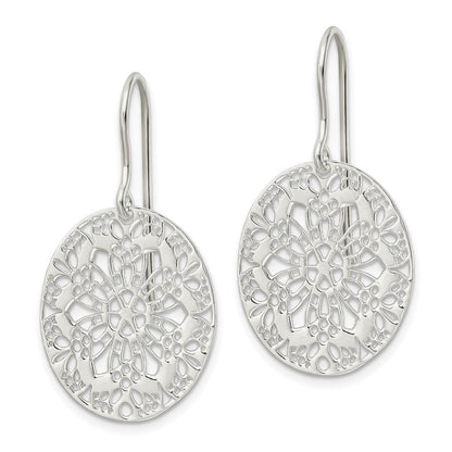 Sterling Silver Polished Floral Oval Dangle Earrings