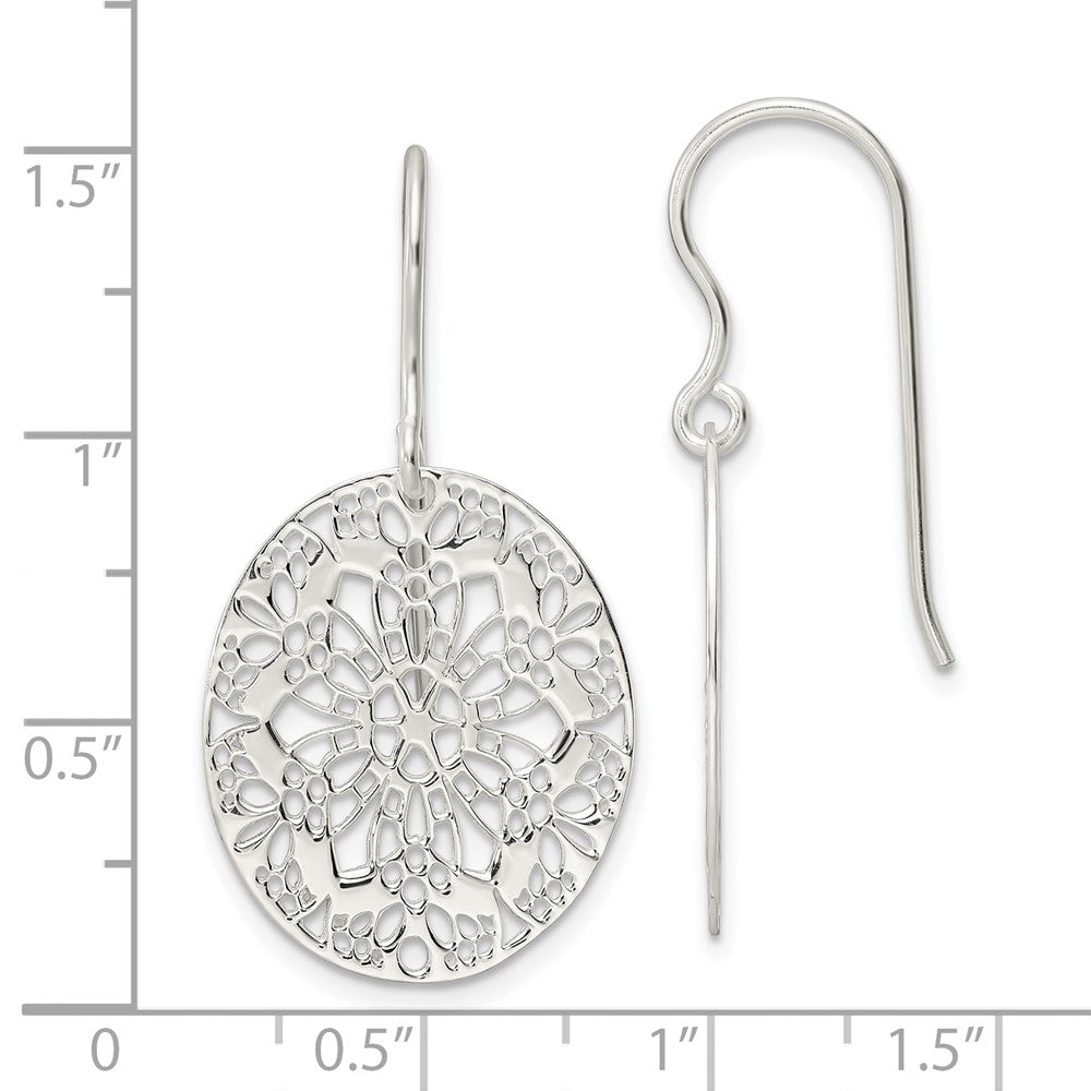 Sterling Silver Polished Floral Oval Dangle Earrings
