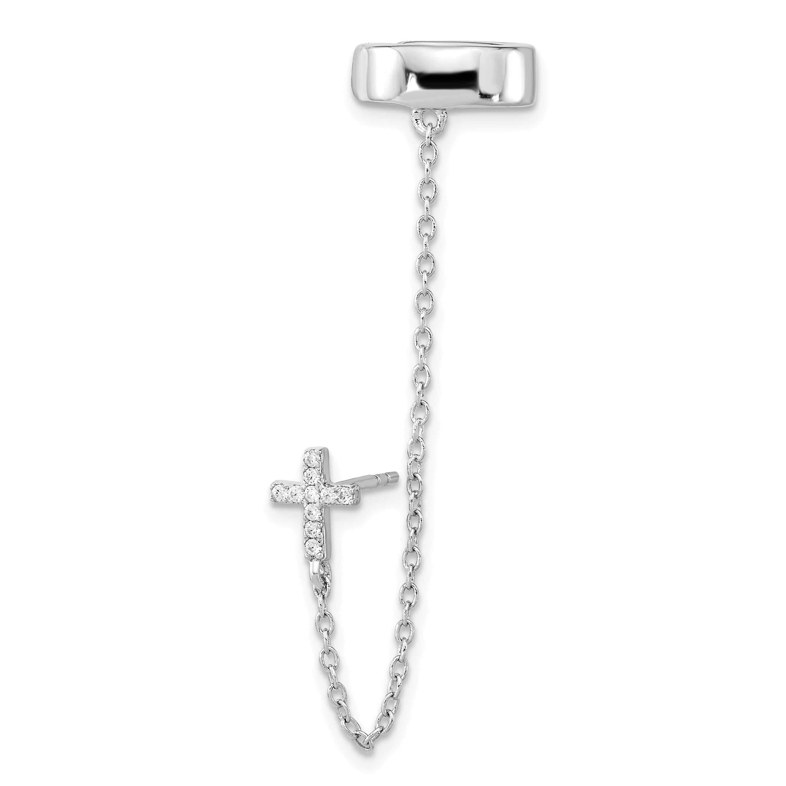 Sterling Silver Rh-Plated Cz Cross W/ 2In Chain Single Post & Cuff Earrin