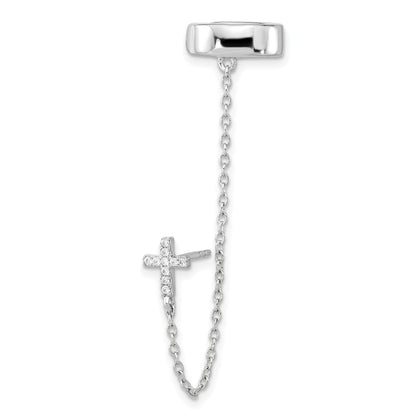 Sterling Silver Rh-Plated Cz Cross W/ 2In Chain Single Post & Cuff Earrin