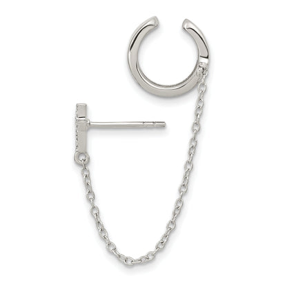 Sterling Silver Rh-Plated Cz Cross W/ 2In Chain Single Post & Cuff Earrin