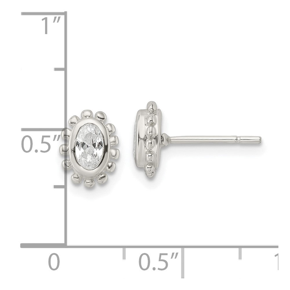 Sterling Silver Polished & Beaded Edge Oval Cz Post Earrings