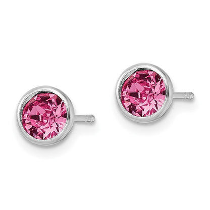 Sterling Silver Rhod-Plated Polished 5mm Pink Crystal Bezel Stud Earrings
