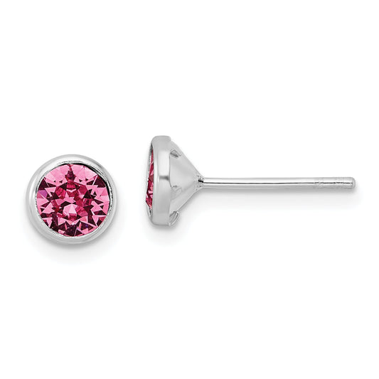 Sterling Silver Rhod-Plated Polished 5mm Pink Crystal Bezel Stud Earrings