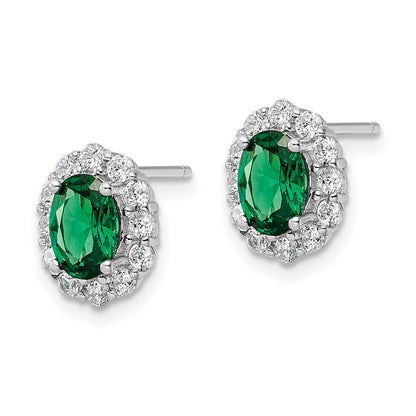 Sterling Silver Rhod-Plated Polished Green & White Cz Oval Post Earrings