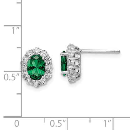Sterling Silver Rhod-Plated Polished Green & White Cz Oval Post Earrings