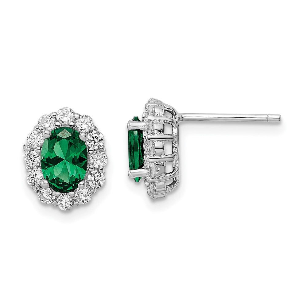 Sterling Silver Rhod-Plated Polished Green & White Cz Oval Post Earrings