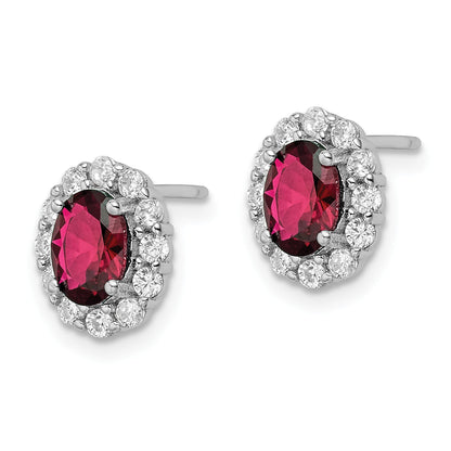 Sterling Silver Rhodium-Plated Red & White Cz Oval Post Earrings