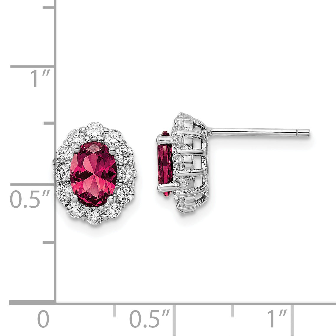 Sterling Silver Rhodium-Plated Red & White Cz Oval Post Earrings