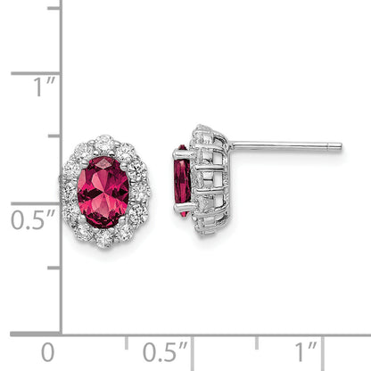 Sterling Silver Rhodium-Plated Red & White Cz Oval Post Earrings