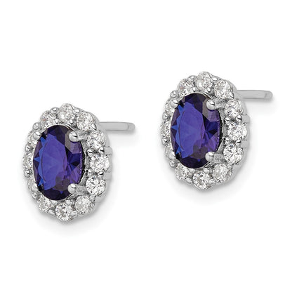Sterling Silver Rhodium-Plated Polished Blue & White Cz Oval Post Earrings