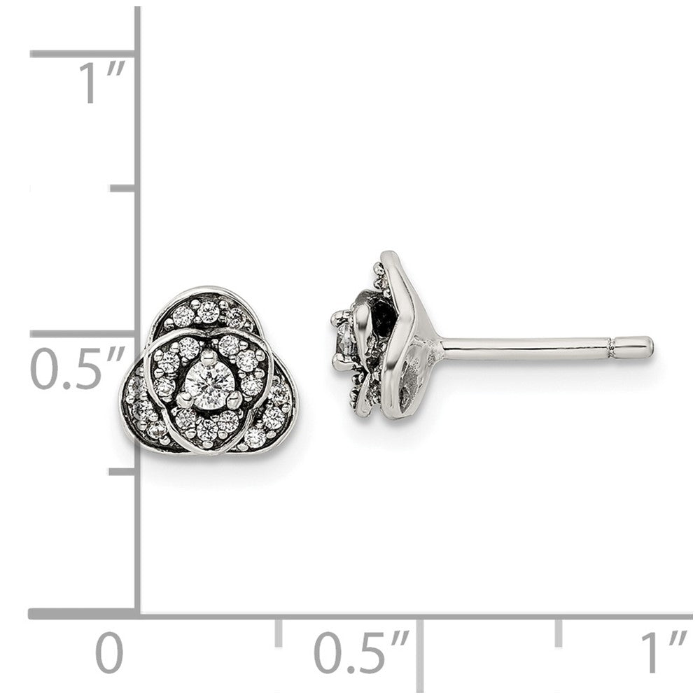 Sterling Silver Antiqued Cz Trilogy Post Earrings
