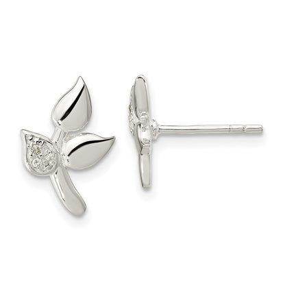 Sterling Silver Polished Cz Leaves Post Earrings