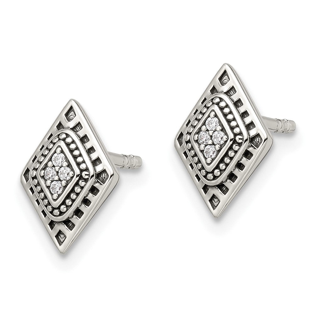 Sterling Silver Polished & Antiqued Cz Diamond-Shape Post Earrings