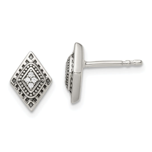 Sterling Silver Polished & Antiqued Cz Diamond-Shape Post Earrings