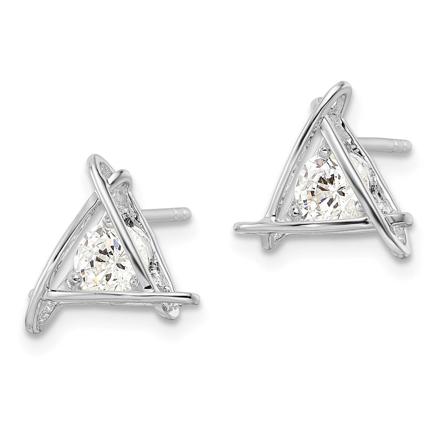 Sterling Silver Rhodium-Plated Triangle Cz Post Earrings