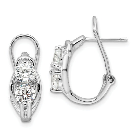Sterling Silver Rhodium-Plated Polished Cz Omega Back J-Hoop Earrings