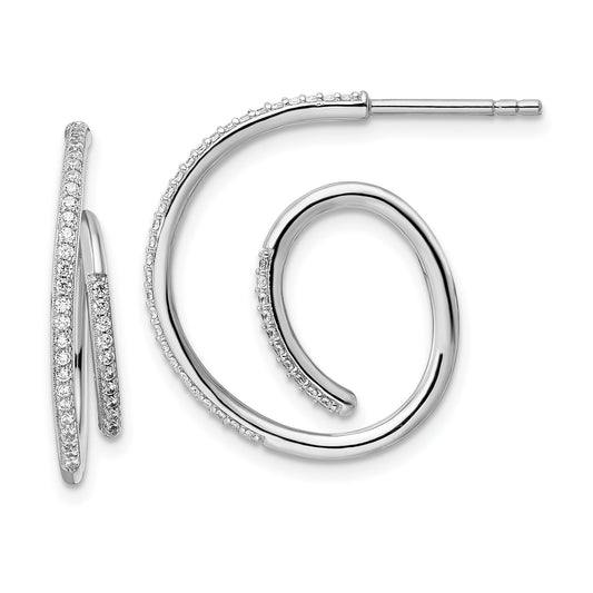 Sterling Silver Rhodium-Plated Cz Fancy J Hoop Post Earrings