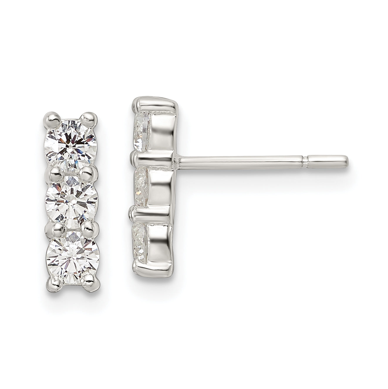 Sterling Silver Polished Three Cz Post Earrings