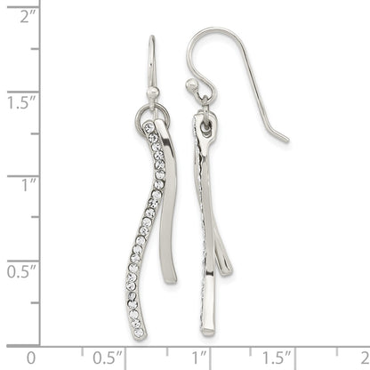 Sterling Silver Polished Cz Wavy Bar Dangle Shephard Hook Earrings