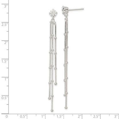 Sterling Silver Polished Cz & Beaded Chain Post Dangle Earrings
