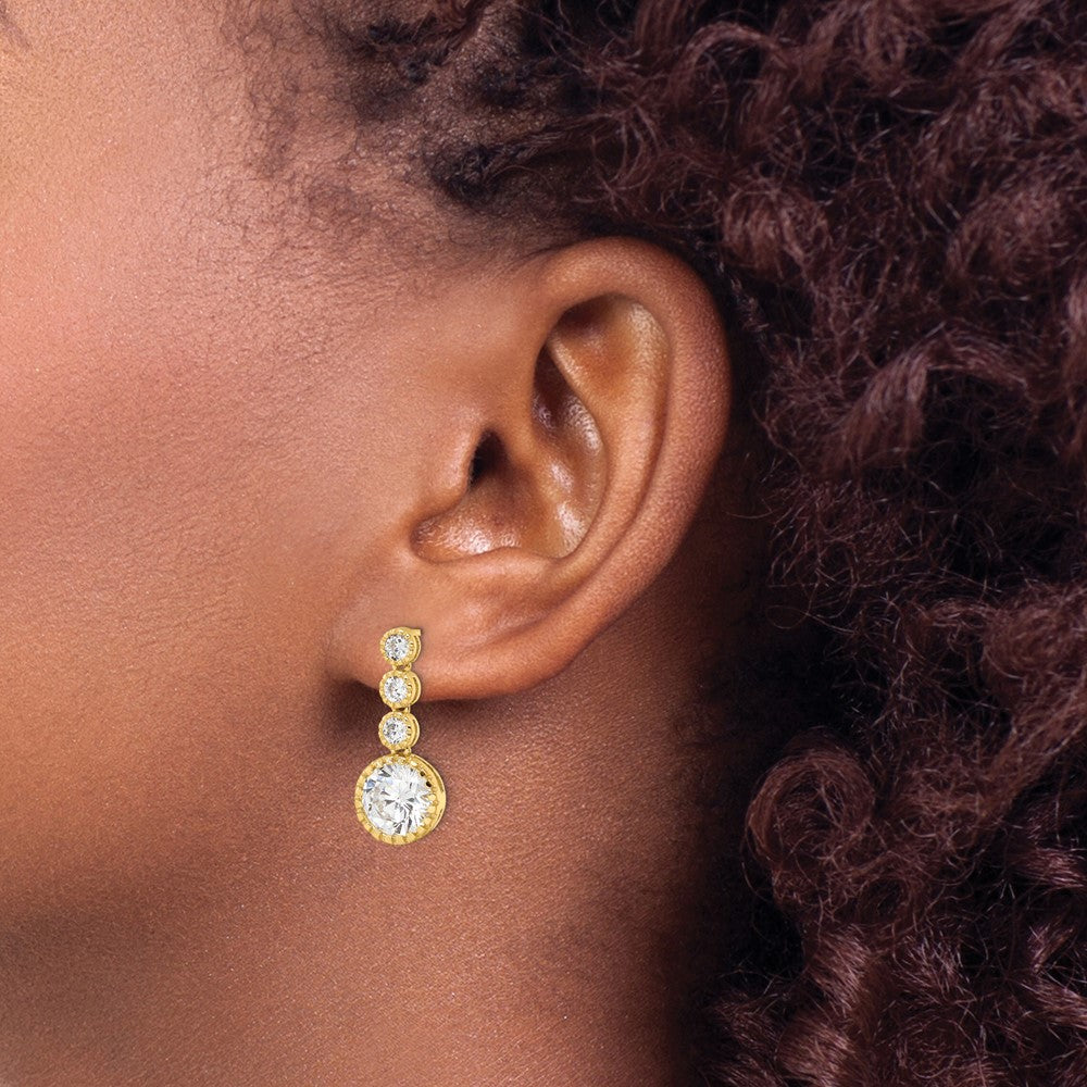 Sterling Silver Gold-Tone Polished Round Cz Post Dangle Earrings
