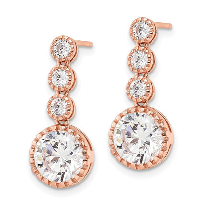 Sterling Silver Rose-Tone Polished Round Cz Post Dangle Earrings