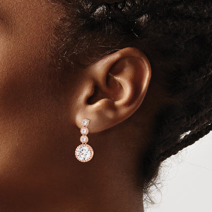 Sterling Silver Rose-Tone Polished Round Cz Post Dangle Earrings