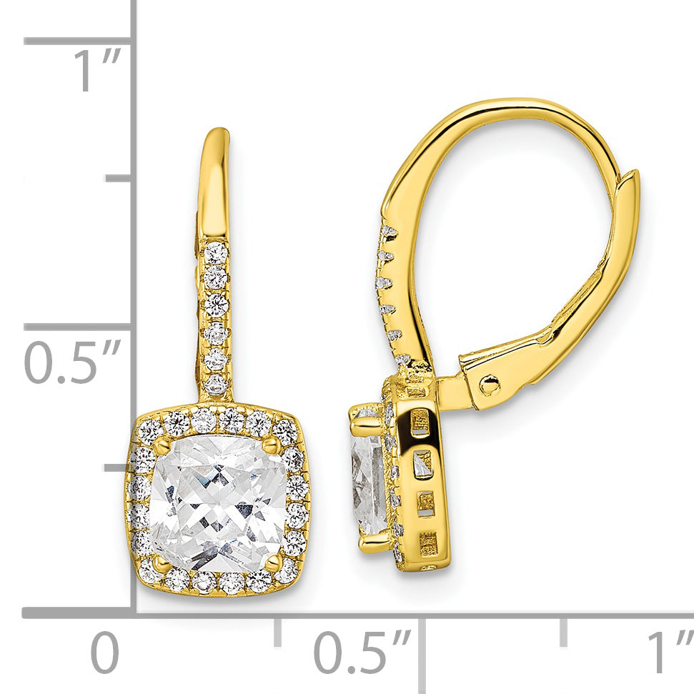 Sterling Silver Gold-Tone Polished Princess Cut Cz Halo Leverback Earrings
