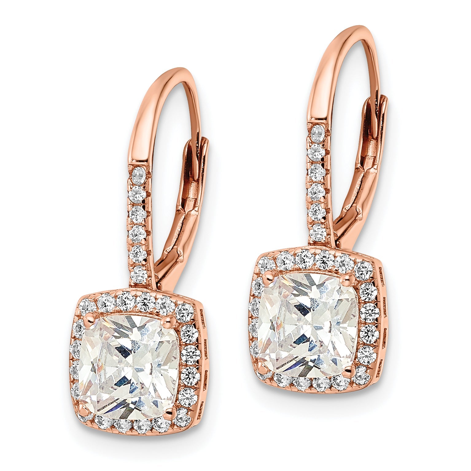 Sterling Silver Rose-Tone Polished Princess Cut Cz Halo Leverback Earrings