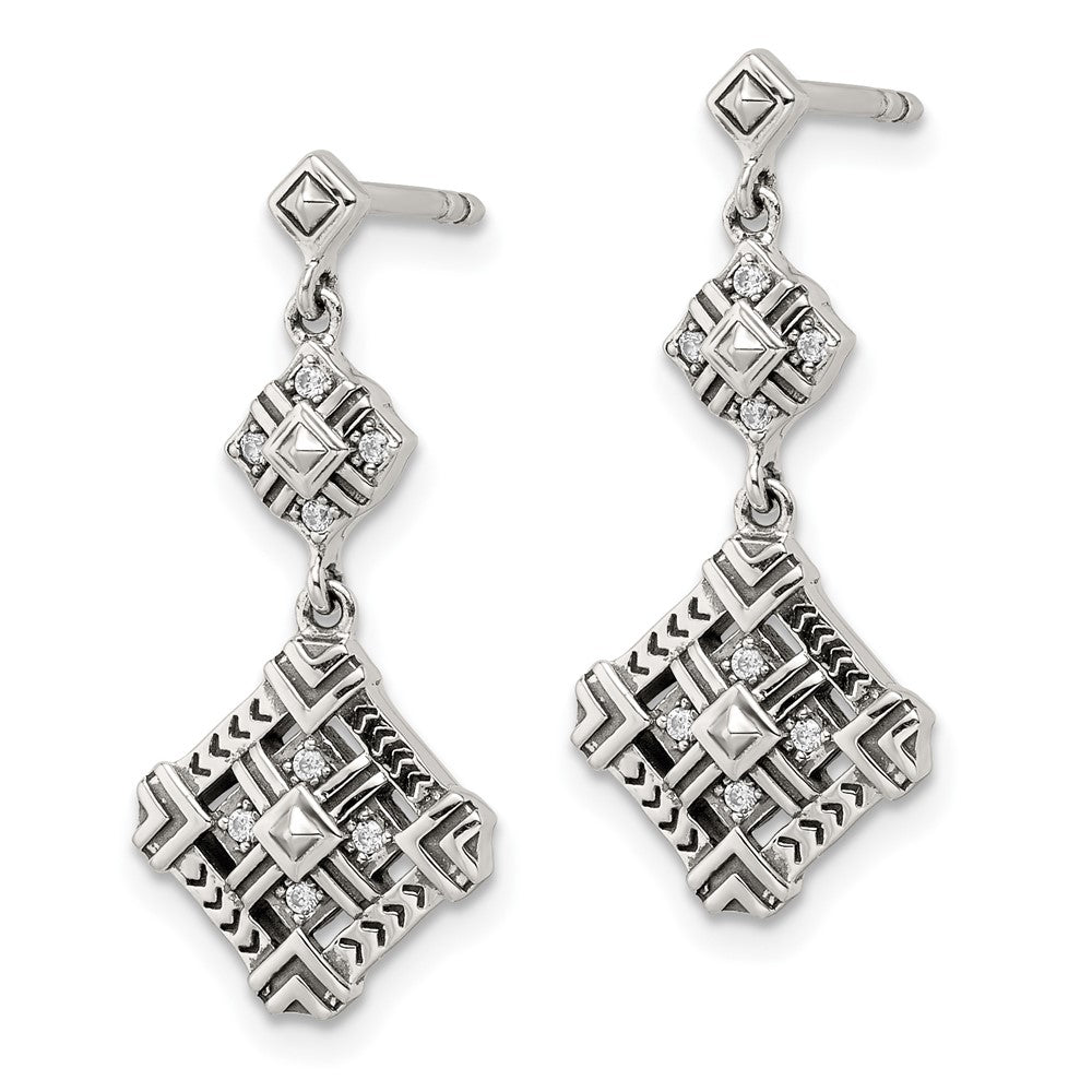 Sterling Silver Antiqued Cz Dangle Post Earrings