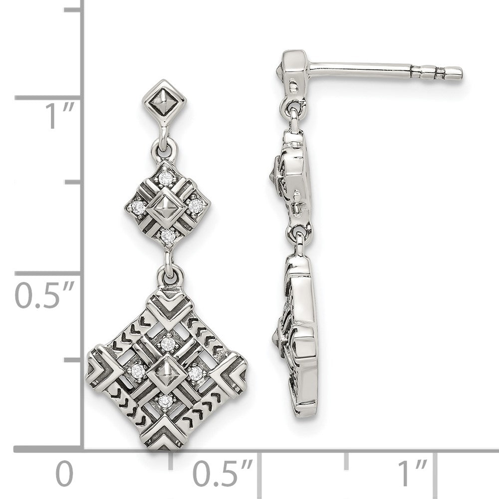 Sterling Silver Antiqued Cz Dangle Post Earrings
