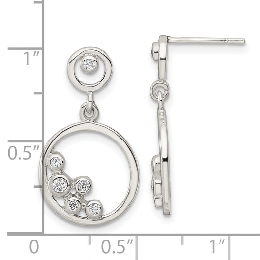 Sterling Silver Polished Cz Circle Dangle Post Earrings