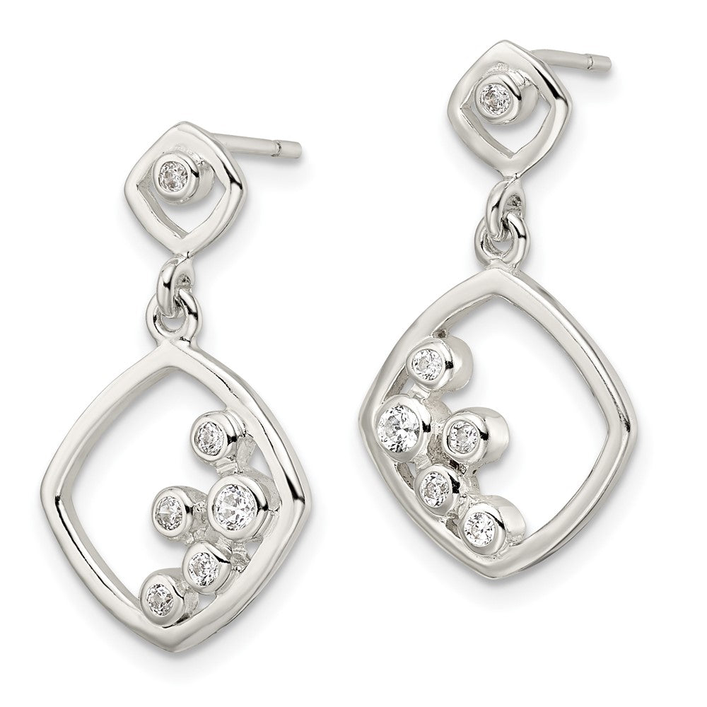 Sterling Silver Polished Cz Square Dangle Post Earrings