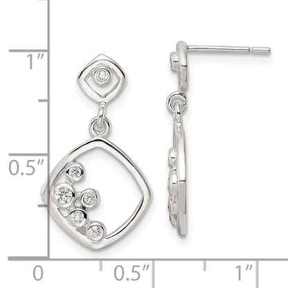 Sterling Silver Polished Cz Square Dangle Post Earrings