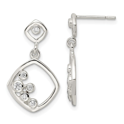 Sterling Silver Polished Cz Square Dangle Post Earrings