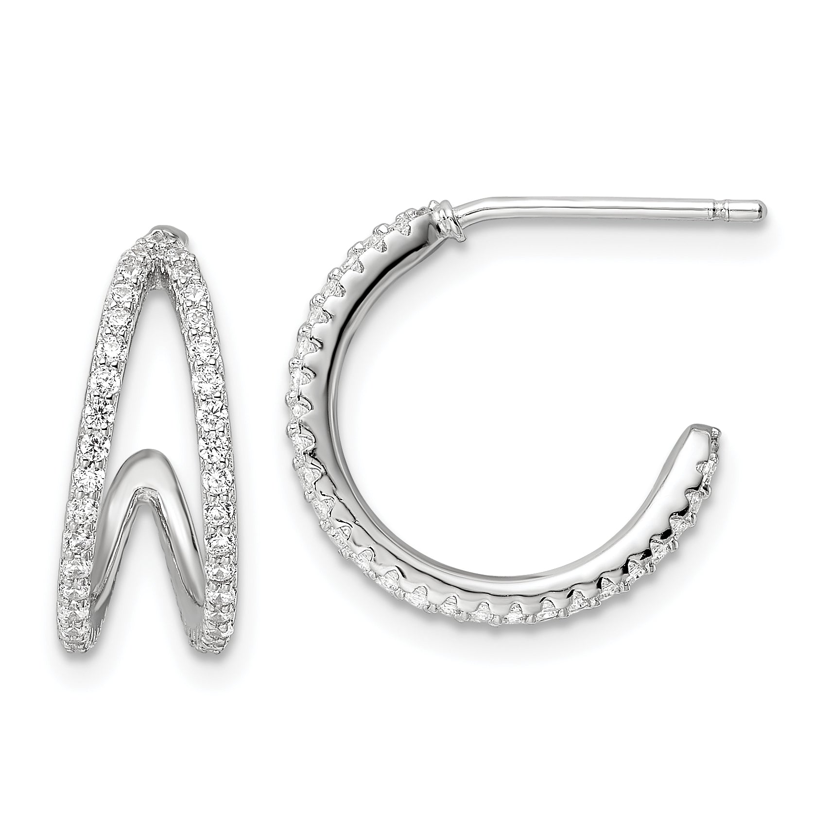 Sterling Silver Polished Rhodium-Plated Cz Post Hoop Earrings