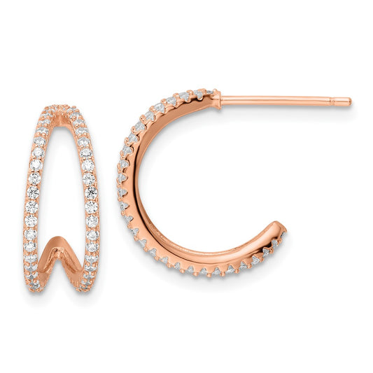 Sterling Silver Polished Rose-Tone Cz Post Hoop Earrings