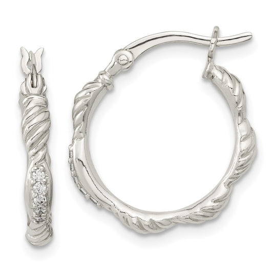 Sterling Silver Polished Cz And Textured Hoop Earrings
