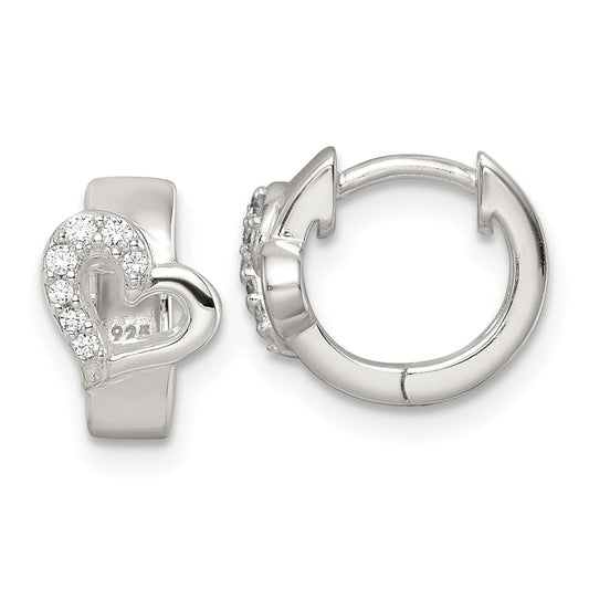Sterling Silver Polished Cz Heart Hinged Hoop Earrings